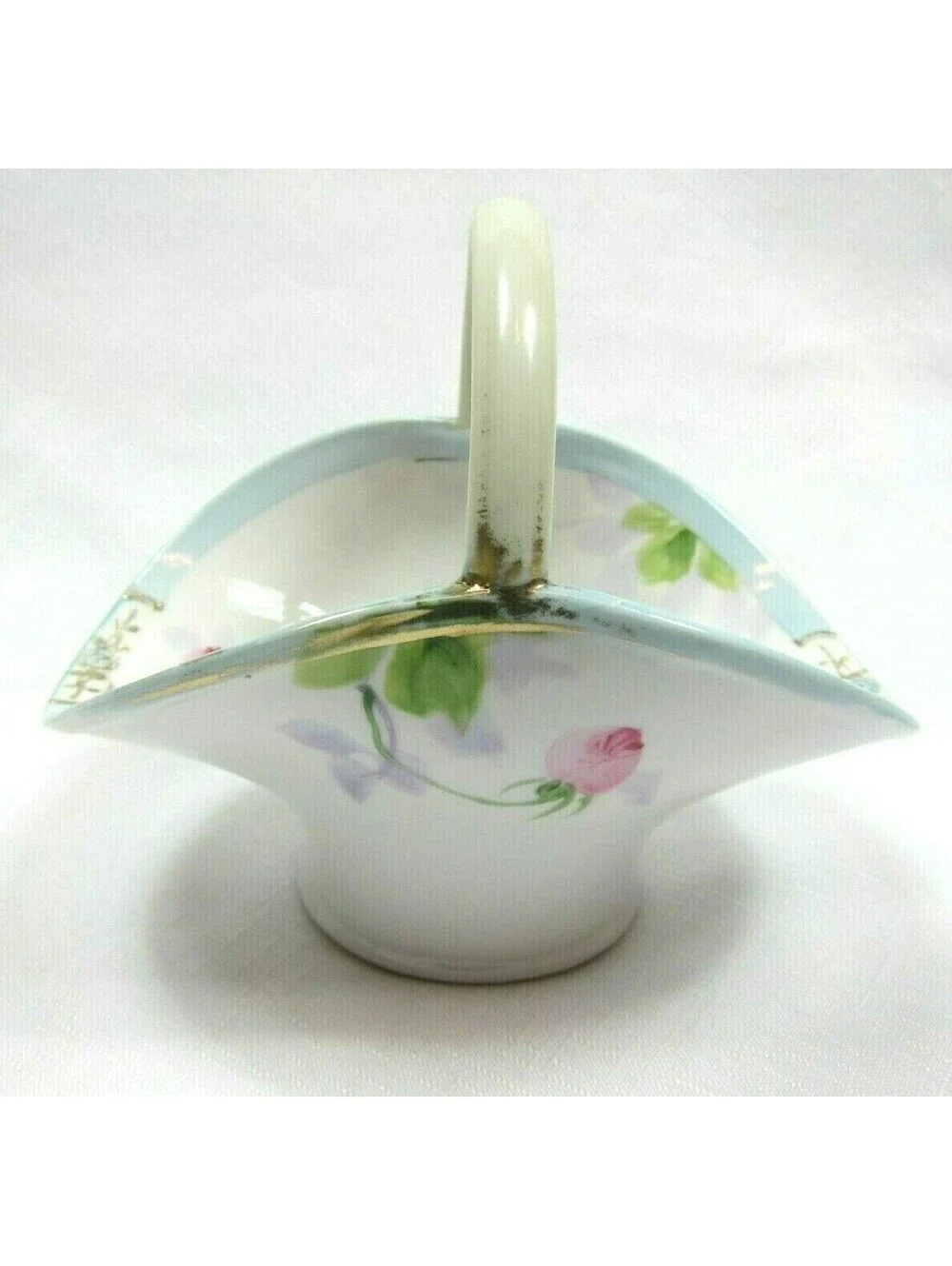 Antique 1911-1921 Nippon Hand Painted Toothpick Basket Pink Floral, Gold & Blue